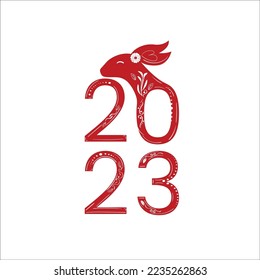 Chinese 2023 New Year Numeric. Zodiac Red Rabbit with White Floral Ornament