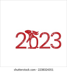 Chinese 2023 New Year Numeric. Zodiac Red Rabbit with White Floral Ornament