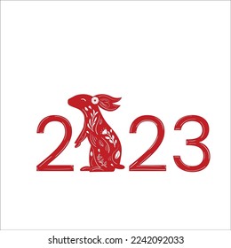 Chinese 2023 New Year Numeric. Zodiac Red Rabbit with White Floral Ornament