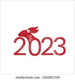 Chinese 2023 New Year Numeric. Zodiac Red Rabbit with White Floral Ornament