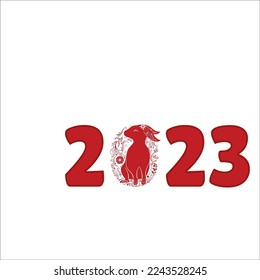 Chinese 2023 New Year Numeric. Zodiac Red Rabbit with Floral Ornament