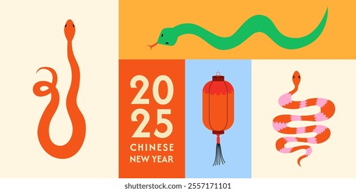 Chinese 2025 happy new year modern geometric banner. Vector flat illustration with various snakes and asian paper lantern. Symbol of zodiac lunar year. Minimalist layout design