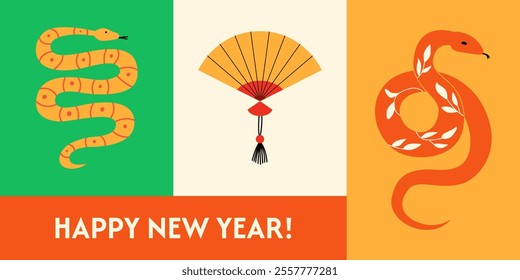 Chinese 2025 happy new year modern geometric banner. Vector flat illustration with snakes and asian paper fan. Symbol of zodiac lunar year. Minimalist layout design