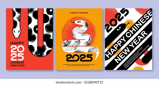 Chinese 2025 New Year greeting cards design. Year of the snake. Snake silhouette, geometric forms, patterns. Red, black, white and gold shades.Ink hand drawn textures.
