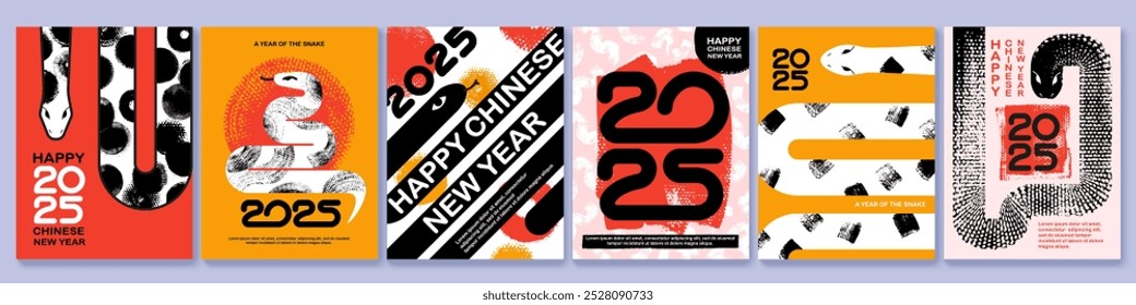 Chinese 2025 New Year greeting cards design. Year of the snake. Snake silhouette, geometric forms, patterns. Red, black, white and gold shades.Ink hand drawn textures.