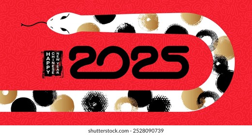 Chinese 2025 New Year greeting cards design. Year of the snake. Snake silhouette, geometric forms, patterns. Red, black, white and gold shades.Ink hand drawn textures.