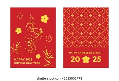 Chinese 2025 new year greeting cards. Chinese spring festival greeting cards. 2025 year of the snake. Floral geometric and Asian ornament. Chinese lunar new year banners, backgrounds, flyers.