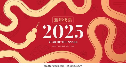 Chinese 2025 New Year holiday banner. Vector illustration with snake, asian symbols. Year of the Snake. 2025 Lunar New Year. Translation of hieroglyphs: Happy New Year. Template of cover, card.