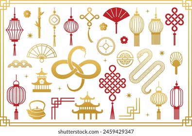 Chinese 2025 New year of the snake. Chinese asian clipart. Traditional Pattern