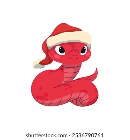 Símbolo chinês de Ano Novo 2025. Personagem de animal feliz mascote usar chapéu de Santa. Cobras engraçadas lindas sorrindo. Ilustrações de vetor de desenhos animados planos isoladas sobre fundo branco.