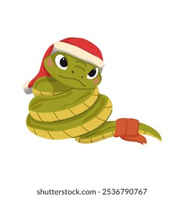 Símbolo chinês de Ano Novo 2025. Personagem de animal feliz mascote usar chapéu de Santa. Cobras engraçadas lindas sorrindo. Ilustrações de vetor de desenhos animados planos isoladas sobre fundo branco.