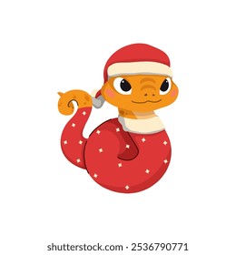Chinese 2025 New Year symbol. Happy animal character mascot wear Santa hat. Cute funny snakes smiling. Flat cartoon vector illustrations isolated on white background.