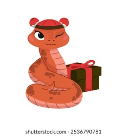 Símbolo chinês de Ano Novo 2025. Personagem de animal feliz mascote usar chapéu de Santa. Cobras engraçadas lindas sorrindo. Ilustrações de vetor de desenhos animados planos isoladas sobre fundo branco.