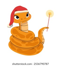 Chinese 2025 New Year symbol. Happy animal character mascot wear Santa hat. Cute funny snakes smiling. Flat cartoon vector illustrations isolated on white background.