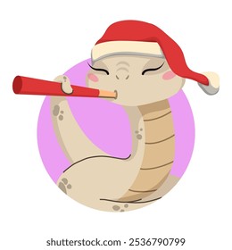 Chinese 2025 New Year symbol. Happy animal character mascot wear Santa hat. Cute funny snakes smiling. Flat cartoon vector illustrations isolated on white background.