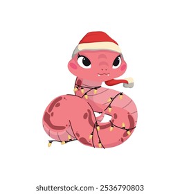Símbolo chinês de Ano Novo 2025. Personagem de animal feliz mascote usar chapéu de Santa. Cobras engraçadas lindas sorrindo. Ilustrações de vetor de desenhos animados planos isoladas sobre fundo branco.