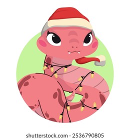 Símbolo chinês de Ano Novo 2025. Personagem de animal feliz mascote usar chapéu de Santa. Cobras engraçadas lindas sorrindo. Ilustrações de vetor de desenhos animados planos isoladas sobre fundo branco.