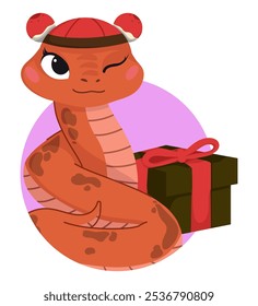 Símbolo chinês de Ano Novo 2025. Personagem de animal feliz mascote usar chapéu de Santa. Cobras engraçadas lindas sorrindo. Ilustrações de vetor de desenhos animados planos isoladas sobre fundo branco.