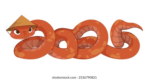 Símbolo chinês de Ano Novo 2025. Personagem de animal feliz mascote usar chapéu de Santa. Cobras engraçadas lindas sorrindo. Ilustrações de vetor de desenhos animados planos isoladas sobre fundo branco.