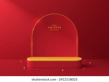 Fondo 3D chino con podio de producto redondo realista en rojo, color dorado y fondo de arco. Presentación mínima de producto de simulación de escena en el año nuevo chino. Plataforma geométrica abstracta. Muestra de escenario.