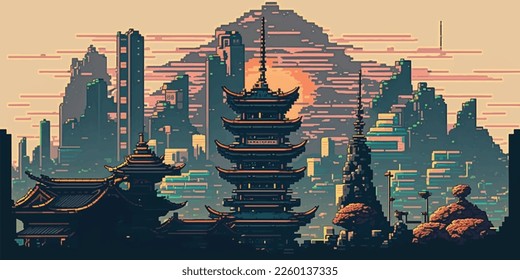 Chinese 8 bit city, arcade, poster. Pekin. Bright colorful, illuminated street, city landscape. Cityscape. 