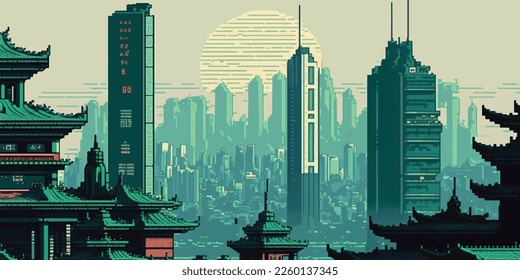 Chinese 8 bit city, arcade, poster. Bright colorful, illuminated street, city landscape. Cityscape. 