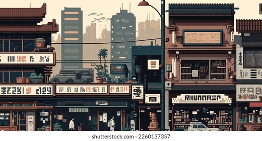 Chinese 8 bit city, arcade, poster. Pekin. Bright colorful, illuminated street, city landscape. Cityscape. 