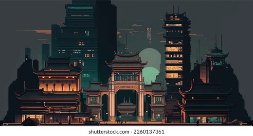 Chinese 8 bit city, arcade, poster. Pekin. Bright colorful, illuminated street, city landscape. Cityscape. 