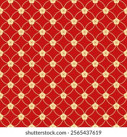 Chinese abstract dot lines seamless pattern. Red and gold tone with Chinese peony. Vector design for background, wallpaper, wrapping paper, carpet, textile, fabric, backdrop, woven.