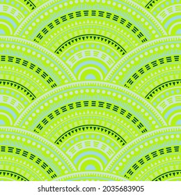 Chinese abstract floral patchwork vector seamless pattern. Tribal motifs modern repeating scallops. Japanese folk round medallion circles seamless geometric pattern.