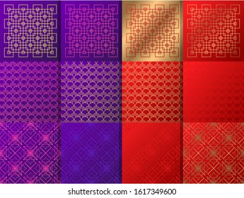 Chinese abstract pattern and vibrant colorful background. Blue, purple, red & golden texture design for invitation card, banner, poster, wallpaper. Chinese New Year. Gorgeous wedding patterns backdrop
