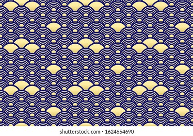 Chinese abstract seamless pattern vector, gradient gold and blue color. Illustration of traditional ornament and oriental background.