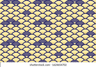 Chinese abstract seamless pattern vector, gradient gold and blue color. Illustration of traditional ornament and oriental background.