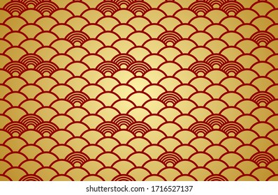 Chinese abstract seamless pattern vector, gradient gold on red background. Illustration of traditional ornament and oriental background.
