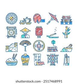 chinese accessory and tradition doodle icons set vector. sketch line art chinese great wall and temple building, lantern and umbrella, asian tea and oriental food dish calendar hat color illustrations