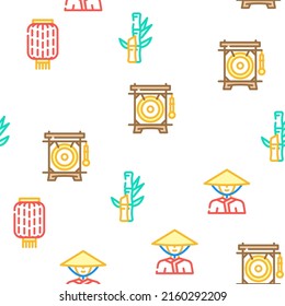 Chinese Accessory And Tradition Vector Seamless Pattern Color Line Illustration