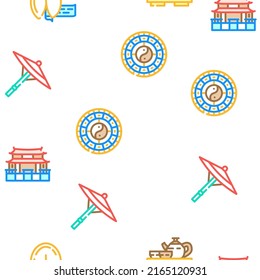 Chinese Accessory And Tradition Vector Seamless Pattern Color Line Illustration