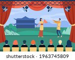 Chinese actors performing theatrical piece on stage. Costume, theater, audience flat vector illustration. Entertainment and art concept for banner, website design or landing web page