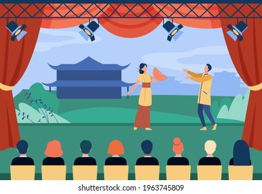 Chinese actors performing theatrical piece on stage. Costume, theater, audience flat vector illustration. Entertainment and art concept for banner, website design or landing web page