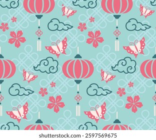 Chinese aesthetic style seamless pattern designed with playful elements like lanterns, butterflies, clouds, and flowers, all harmoniously set on soft blue background.