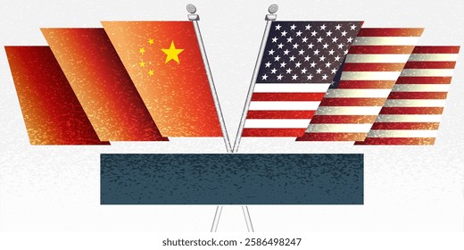Chinese American flags waving flat style. Partnership crisis, competition tensions, tax, tariffs, trade, sanctions, duties partnerships between US and China banner, background	