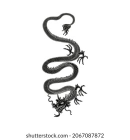 Chinese ancient dragon black monochrome image, vector illustration isolated on white background. Asian dragon in black and white style for tattoo, carving or engraving.
