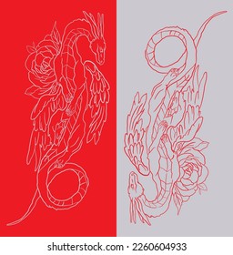 Chinese ancient dragon illustration on red and grey background. mythology animal. dragon tattoo design. eastern dragon illustration. 