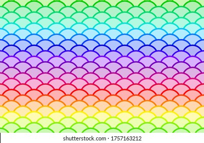 Chinese ancient pattern. Illustration of Japanese oriental pattern. Seamless rainbow fish scale, water wave circle. Colorful horizontal vector background.