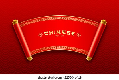 Chinese Ancient Scroll ribbon banner curve design, on red chinese pattern background, EPS10 Vector illustration.
