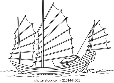 chinese ancient ship line vector illustration isolated on white background