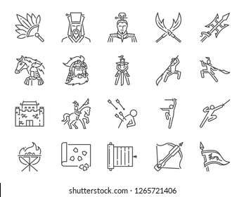 Chinese Ancient War Line Icon Set. Included The Icons As Military, Soldier, Battle, Weapon, Fight And More.