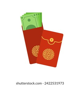 Chinesisches Angpao, Vektorgrafik. Traditioneller roter Umschlag mit Münzen, Geld für chinesisches Neujahr, Geburtstag, Hochzeit und andere Feiertage. Flache Illustration.