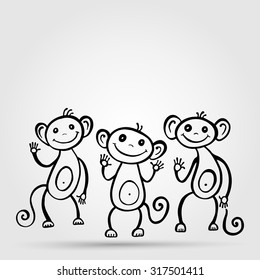 Chinese Animal astrological sign, Monkey. Hand drawn Vector Illustration