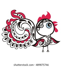 Chinese animal astrological sign red rooster hand-drawn isolated white background symbol 2017 New Year, Christmas card. Japanese zodiac horoscope banner. Easter holiday pattern vector illustration.
